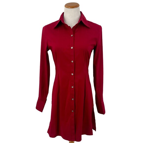 NWT Express Design Studio Red L/S Button-Down Tunic Blouse | Office Siren Preppy - Picture 13 of 15